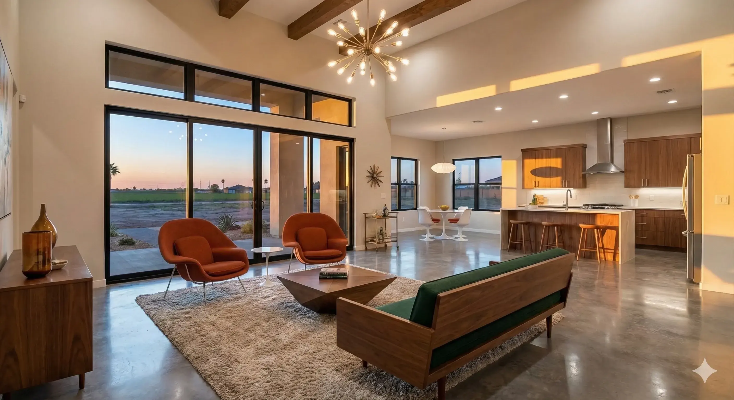 Warm living room interior with chandelier